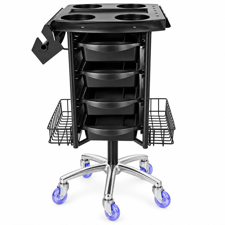 Rear View: Rear view of the Colorist 4 Drawer Hairdressing Beauty Trolley with integrated top storage, rear wire basket and five-star chrome base with castor wheels.