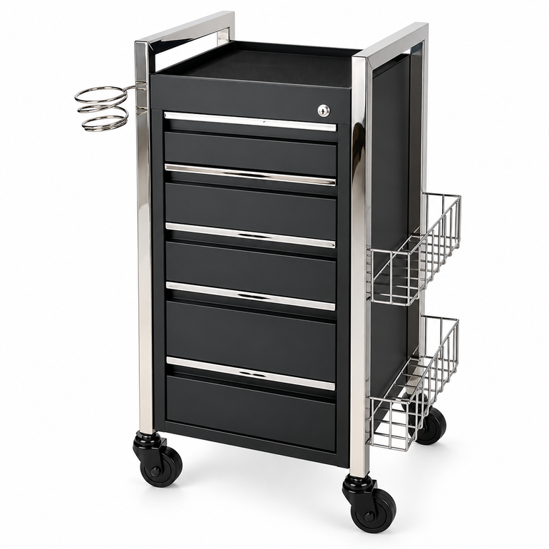 Twilight 5 Drawer Hairdressing Beauty Trolley - Chrome Frame - Click'n Clean Castor Wheels