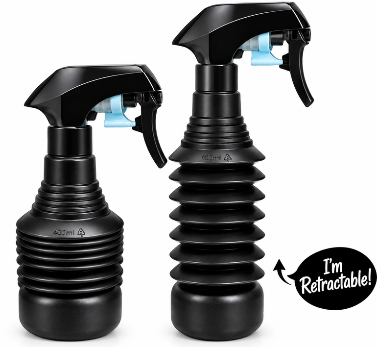 Retractable Water Spray 360ml black collapsible salon spray bottle shown extended and retracted