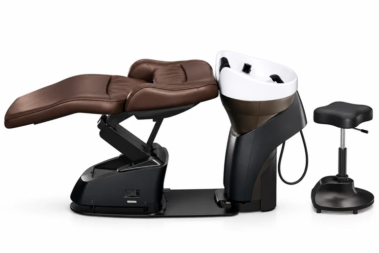 ume Espoir motorised shampoo and treatment unit in brown upholstery with white ceramic basin and matching black operator stool.