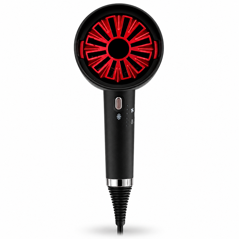 HP WHIRLWIND Professional Black Hairdryer with 110,000RPM brushless motor and styling attachments front of the dryer
