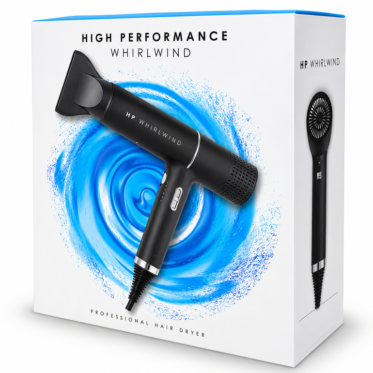 HP WHIRLWIND Professional Black Hairdryer with 110,000RPM brushless motor and styling attachments with box