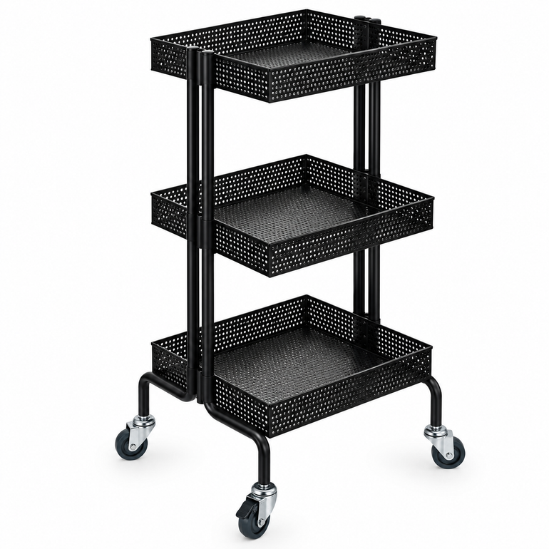 Black three-tier perforated salon trolley with spacious storage trays and swivel castor wheels.