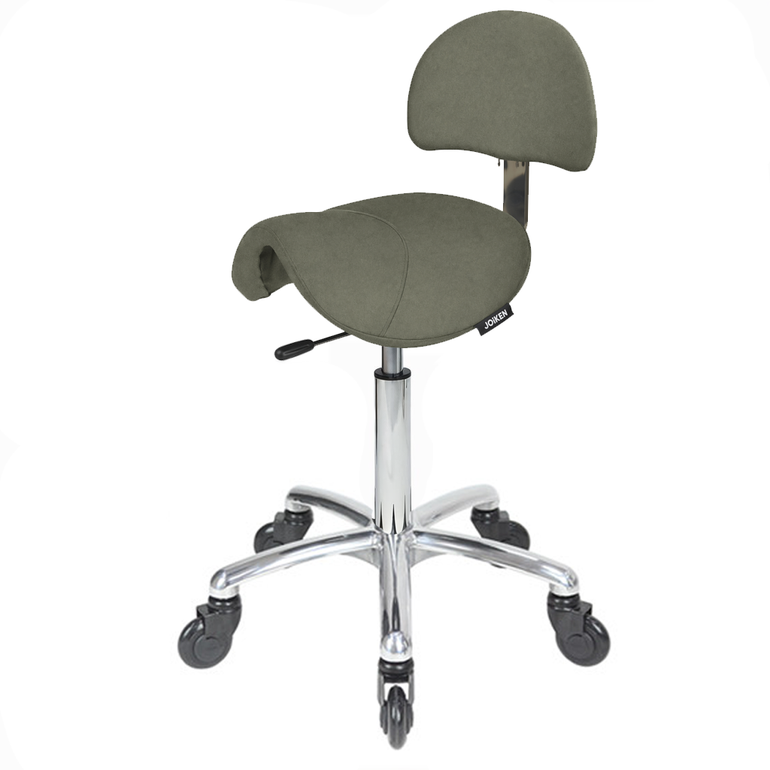 Saddle Stool with Back Forest Green - Chrome Base - Click'n Clean Castor Wheels