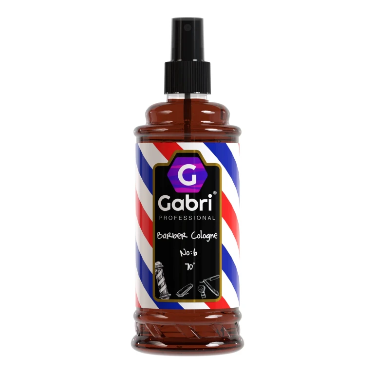 Gabri Professional Barber Cologne No. 6 400ml, brown spray bottle with barber pole design, front product view
