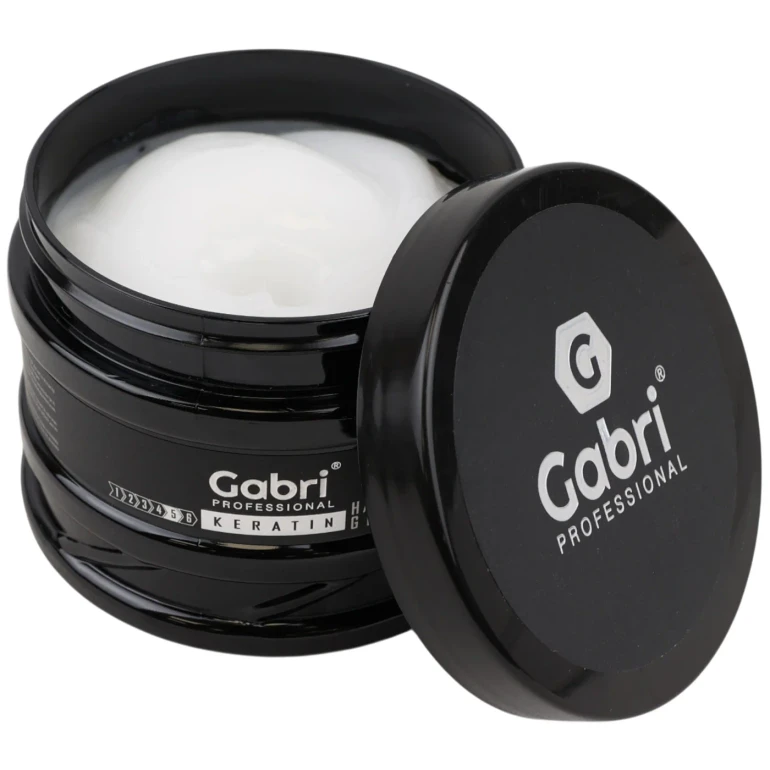 Gabri Professional Keratin Hair Gel 500ml, open black jar showing white gel with lid displayed beside it
