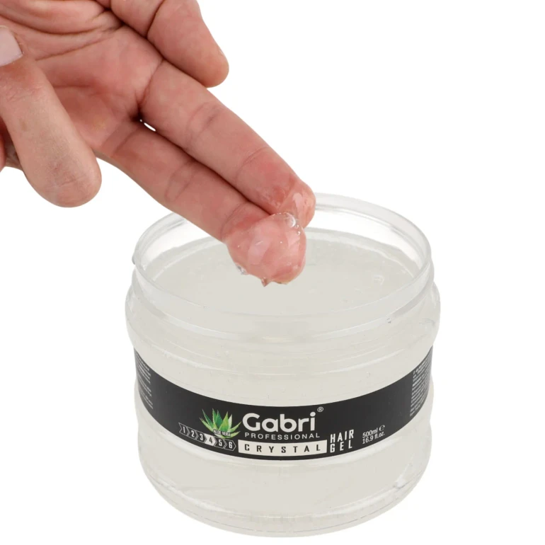 Gabri Professional Crystal Hair Gel 500ml with Aloe Vera, open jar showing clear gel texture being applied to fingers