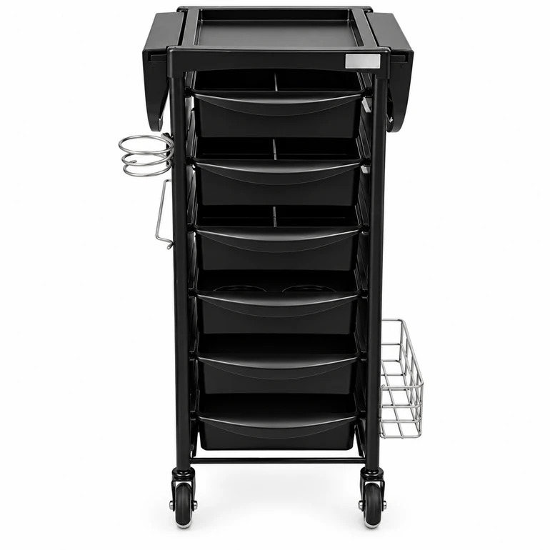 Front View: Front view of black Breeze Plus Salon Trolley with six removable storage drawers and side accessory holders.