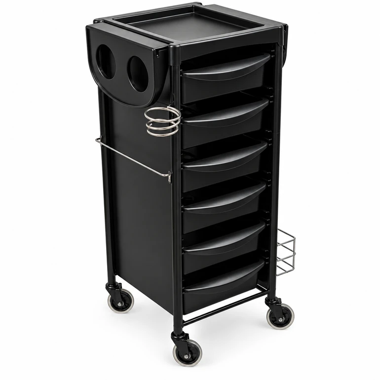 Main View: Black Breeze Plus Salon Trolley with six removable drawers, top work tray, accessory holders and swivel castor wheels.