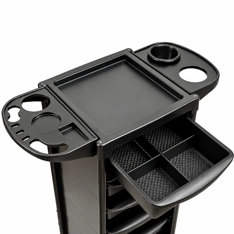 Top & Drawer Detail: Close-up of Breeze Plus Salon Trolley featuring extended tool trays, recessed work surface and open compartment storage drawer.