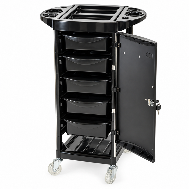 Open View: Gemini 5 Drawer Hairdressing Beauty Trolley with lockable cabinet door open, showing five removable storage drawers, top tool holders and clear swivel castor wheels.