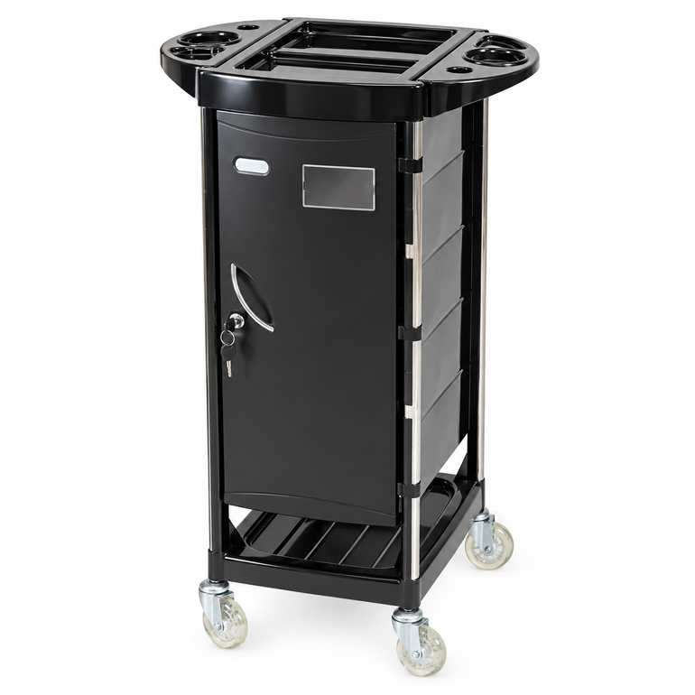 Closed View: Gemini 5 Drawer Hairdressing Beauty Trolley in black with lockable storage cabinet, integrated top tool holders and clear swivel castor wheels.