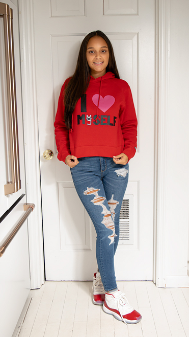 I Love Myself Cropped Red Hoodie