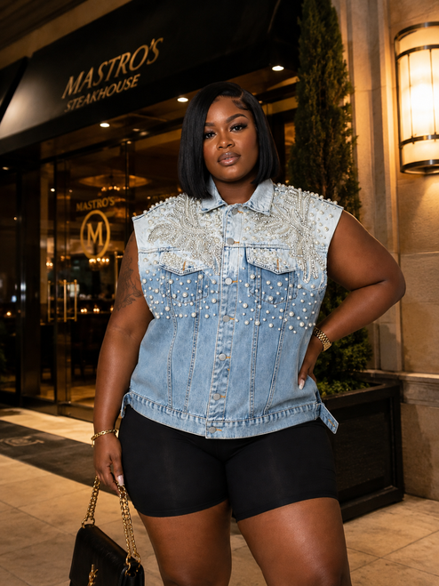 Elevate your wardrobe with MTAP's Pearl Embellished Denim Vest. Featuring sparkling crystal details, elegant pearls, and a flattering sleeveless design, this statement denim vest is perfect for concerts, brunch, vacations, and everyday glam.