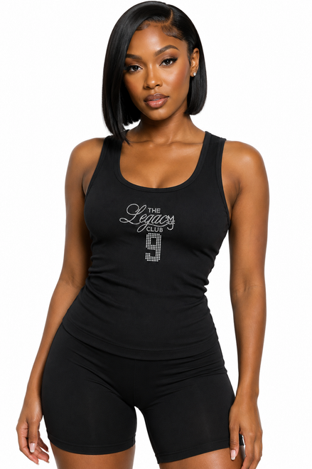 Black fitted women's tank top featuring a crystal rhinestone Legacy Club 9 graphic on the front.