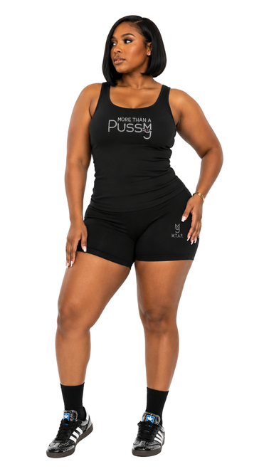 Black fitted women's tank top featuring a crystal rhinestone More Than A Pussy graphic on the front.