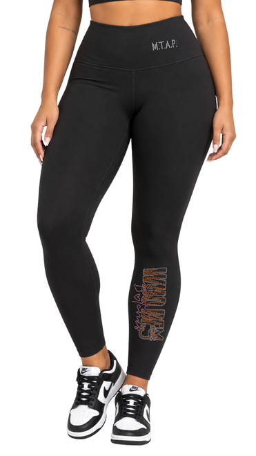 Black high-waisted Who Dey Bitches leggings with sparkling orange, pink and crystal rhinestone details.