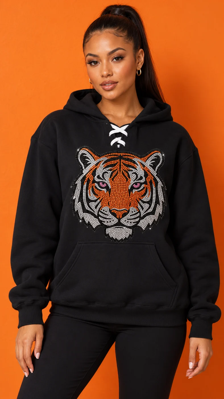 Black rhinestone tiger hoodie against an orange backdrop