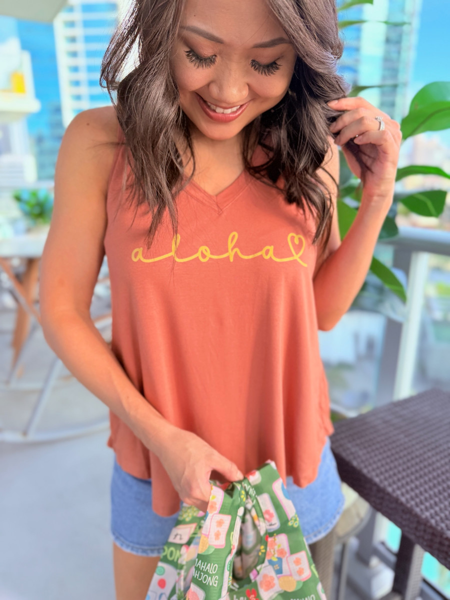 Aloha Dainty Heart V-Neck Tank: Rust (T114)