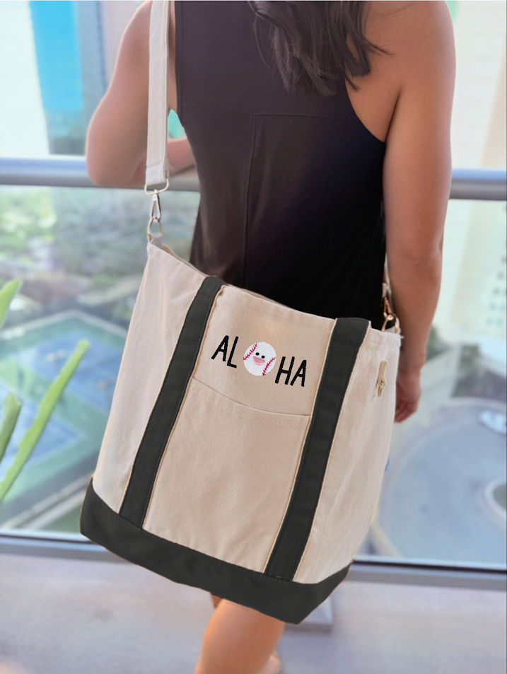 Embroidered Canvas Bag: Aloha Baseball (Black)