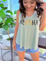Aloha Rainbow  V-Neck Tank: Mint (T103)