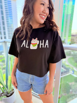 Aloha Vegas Lucky Cat Crop Top: Black (T106)