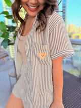 Shaka Striped Button Down Top: B/W (T118)