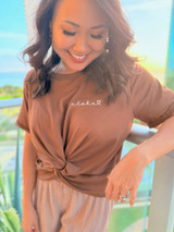 Aloha Dainty Heart Twist Front Tee: Brown