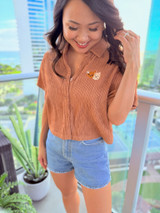 Bear & Noodle Crinkle Collar Top: Rust