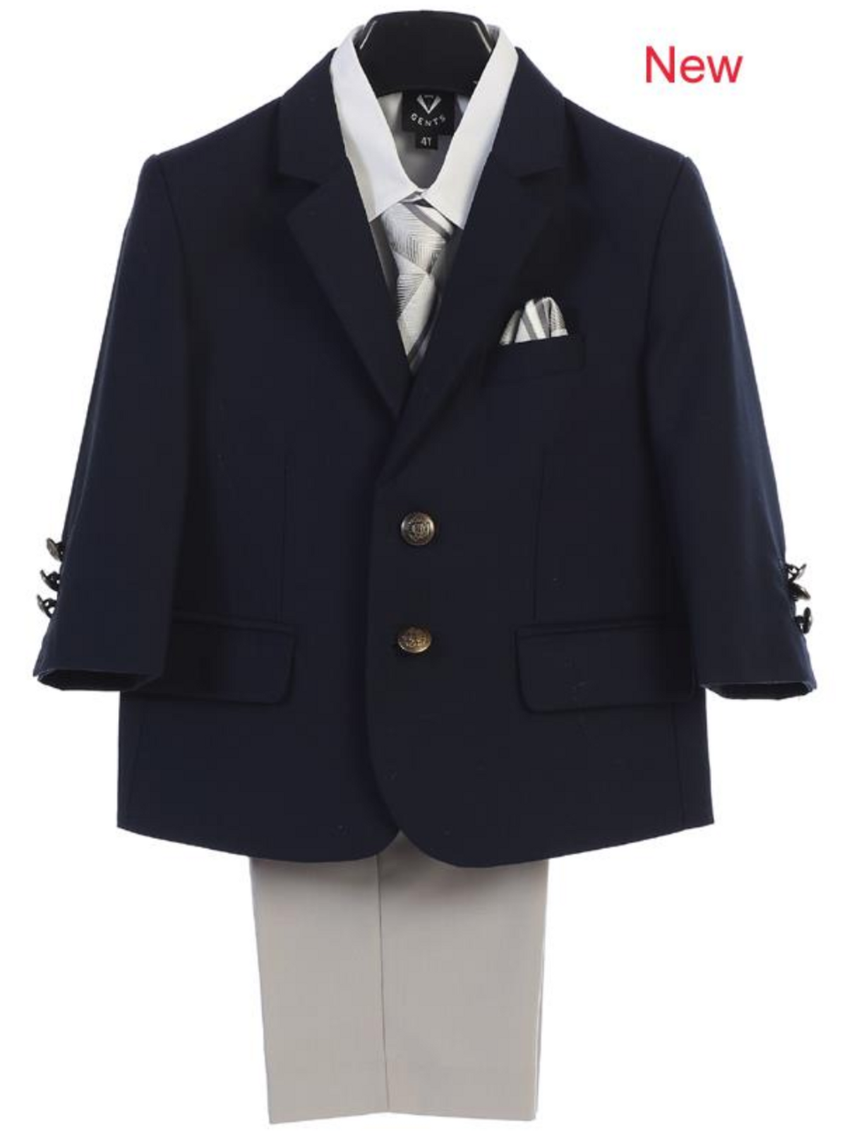 Boy S 4 Piece Suit 2 Buttoned Navy Jacket And Light Gray Khaki Pants