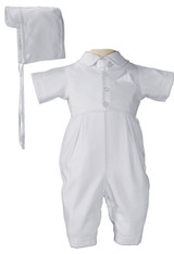 Handsome vested short sleeve coverall of the softest gabardine provides luxurious comfort for your little one. Includes matching hat.