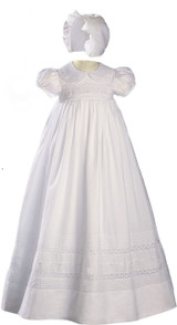 Girls  White Cotton Short Sleeve Christening Baptism Gown with Hand Embroidery, 33" Length