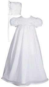 Tricot Overlay Christening Baptism Gown with Tatted Lace Bonnet, 25" Length