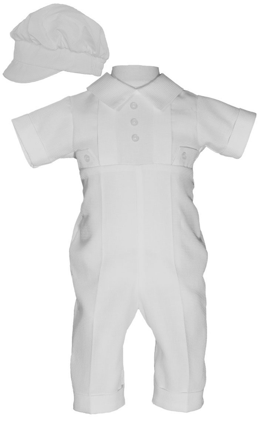 Classic boys christening outfit made of elegant waffle pique poly cotton fabric.
