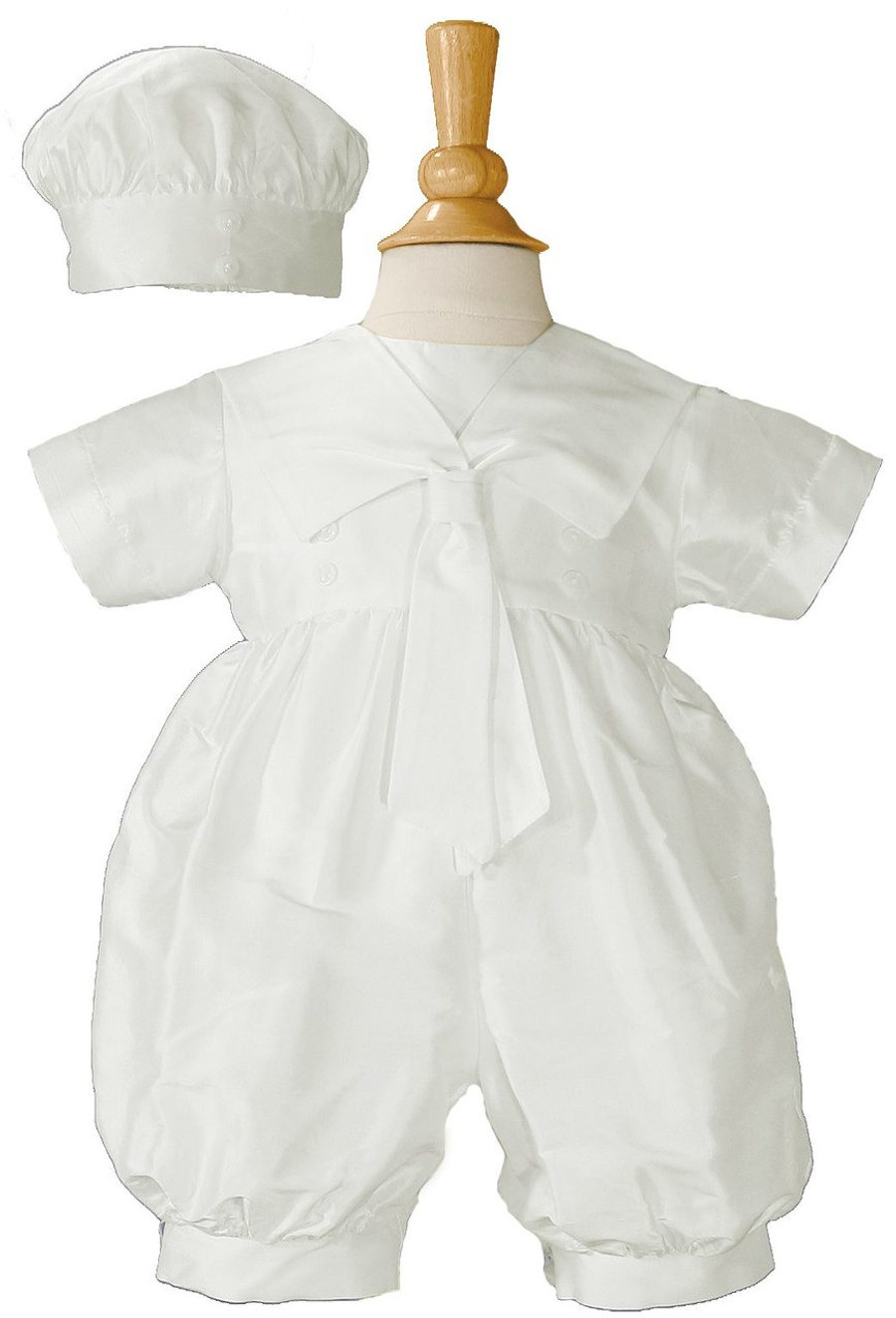 Boys Silk Christening Baptism One Piece Romper with Sailor Collar and Hat