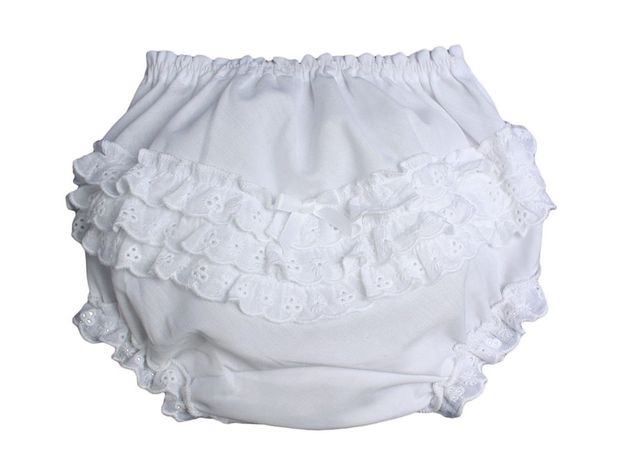 Baby Girls White Elastic Bloomer Diaper Cover with Embroidered Eyelet Edging