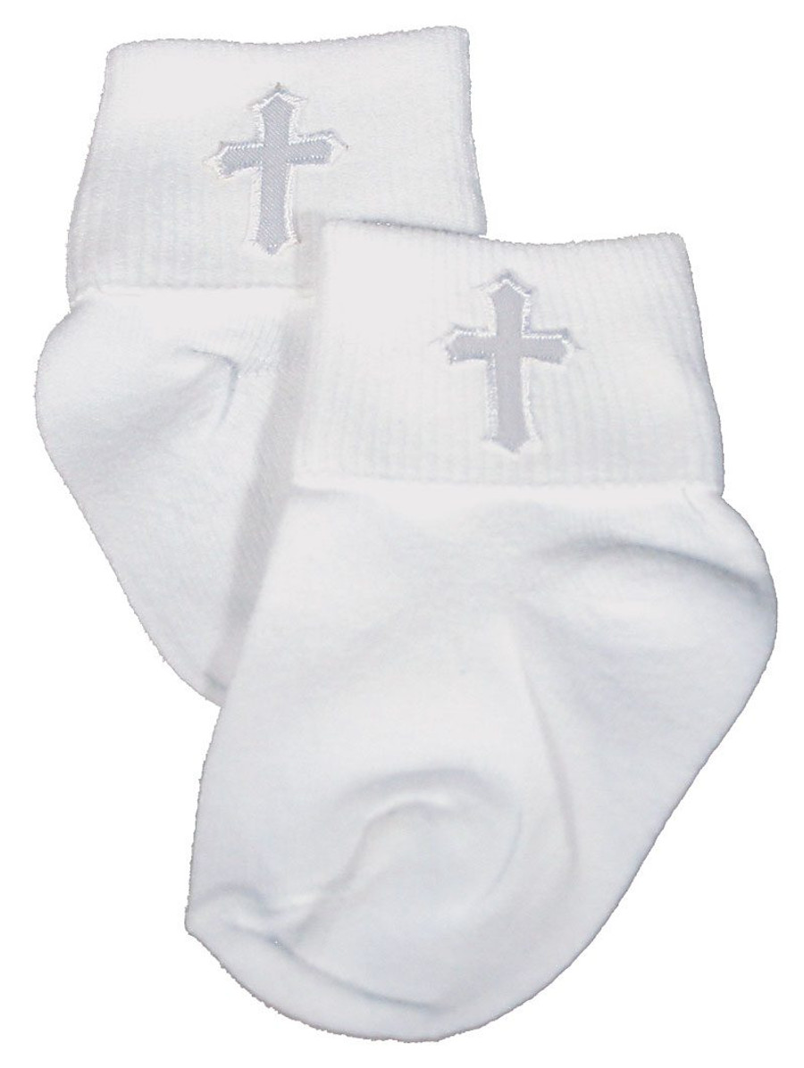 Unisex White Cotton Anklet Socks with Embroidered Cross