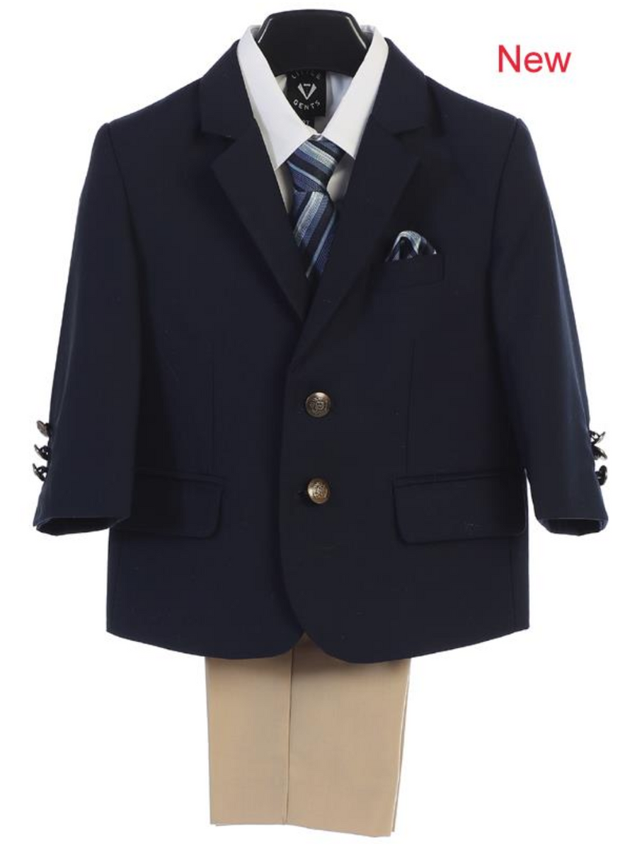 Boy's 4 Piece Suit - 2 Buttoned Navy Jacket, Khaki Pant