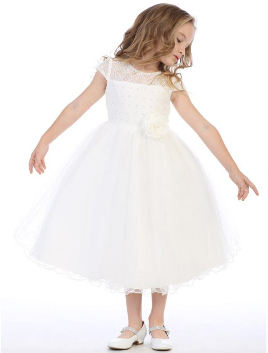Girls White or Ivory Satin Corded Lace Tulle Dress with Flower on Waist