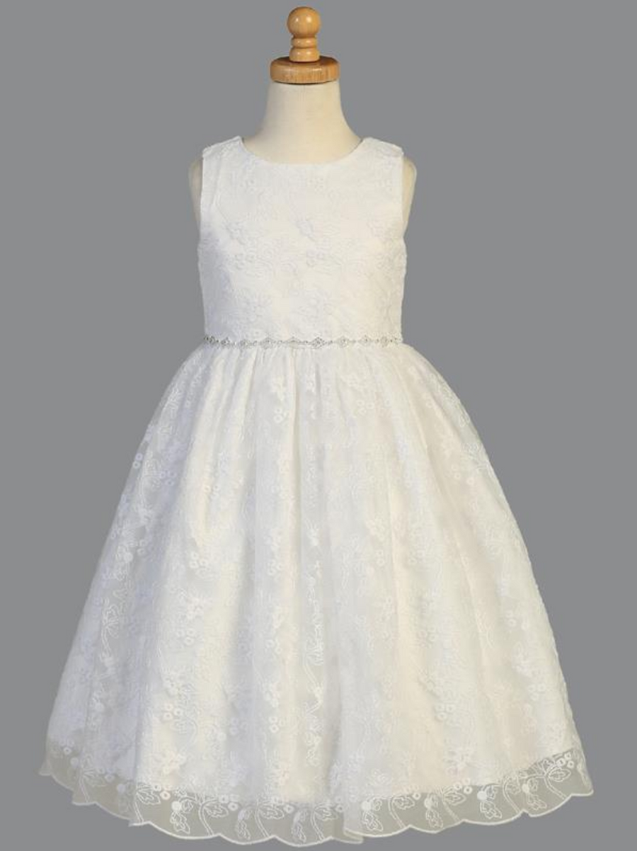 Product - Girls White Embroidered Tulle Communion Dress with Rhinestones (SP993)