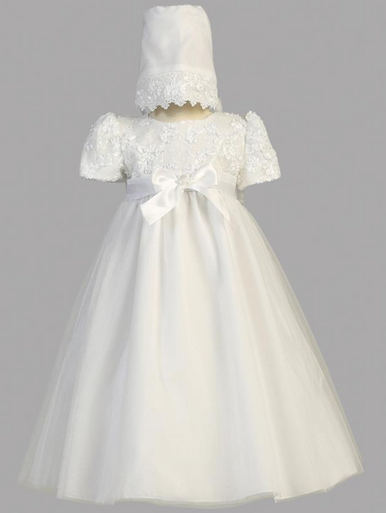 Girls White Satin Ribbon Tulle Christening Gown