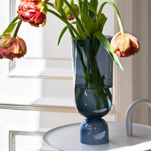 HAY Bottoms Up Vase in Navy Blue size Large with florals