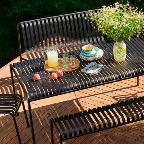 HAY Palissade Table in Anthracite Powder Coated Steel with matching bench seat and chairs