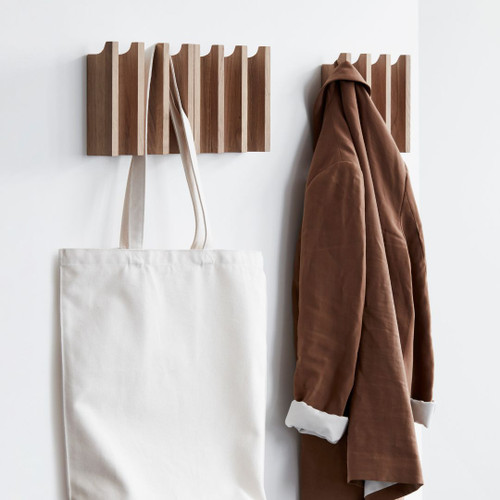 Kristina Dam Studio Column Coat Rack in Neutral Oiled Oak with Bag and Coat