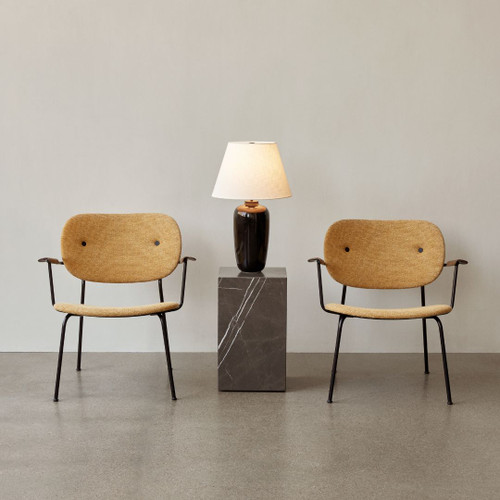 Audo Copenhagen Plinth Tall in Black Nero Marquina Marble with Chairs and Lamp