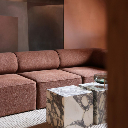 Audo Copenhagen Plinth Cubic in Rose Calacatta Viola Marble Pair in Living Room Audo Copenhagen Plinth Cubic in Rose Calacatta Viola Marble Pair in Living Room