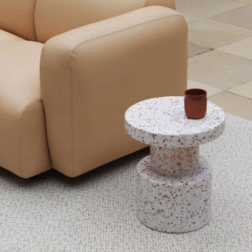 Normann Copenhagen Bit Stool in White as Side Table with Tan Sofs Normann Copenhagen Bit Stool in White as Side Table with Tan Sofs