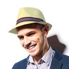 Spring/Summer Classic Woven Fashion Fedora with Burgundy & Blue Band FSS17121