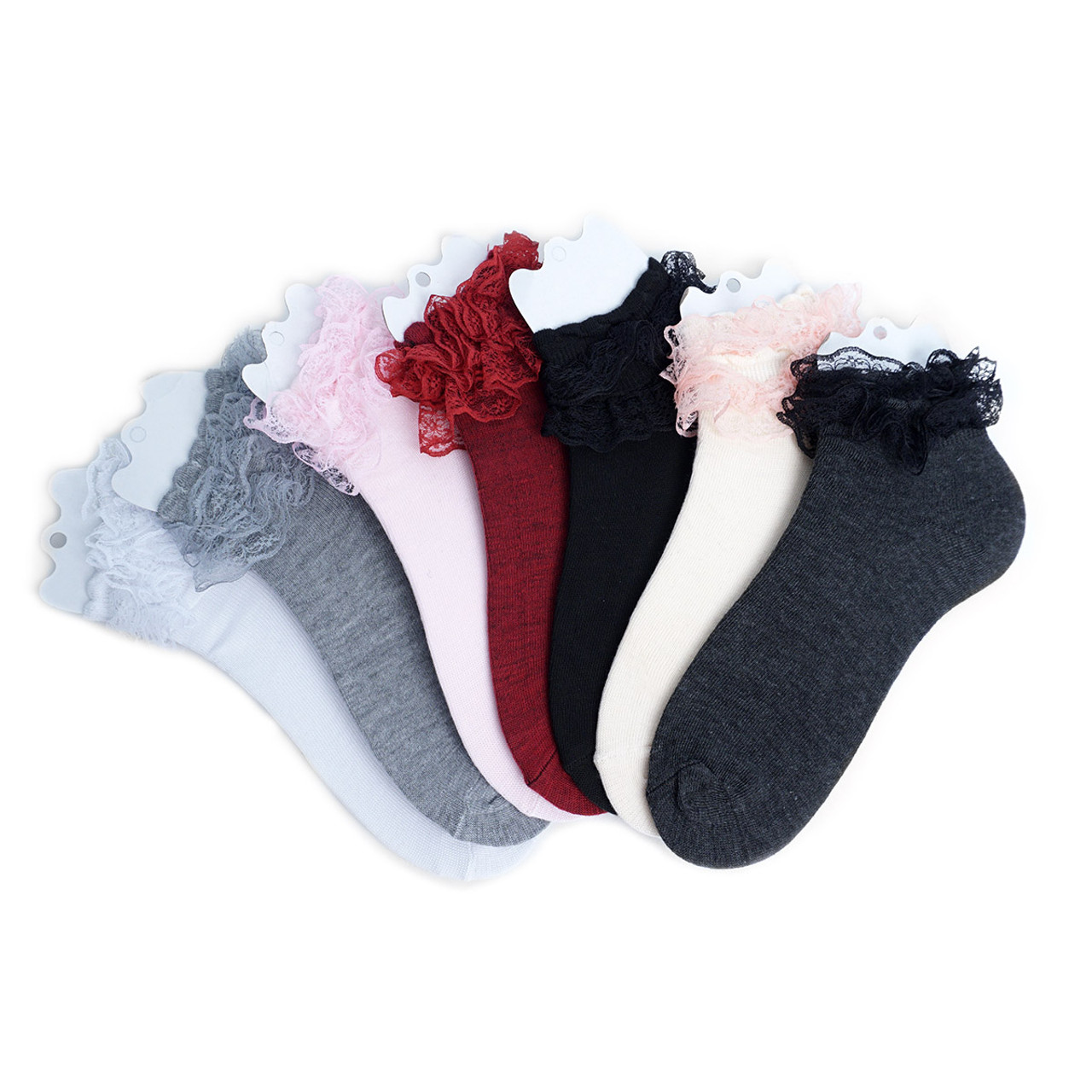 24pc Solid Color Assorted Ruffle Frilly Lace Women Socks - LLS