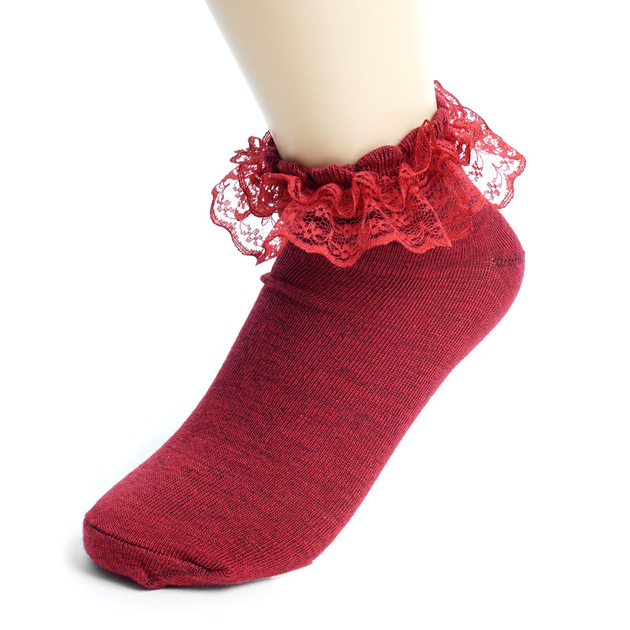 Leg Avenue Frilly Lace Ruffle Ankle Socks - Black White or Red
